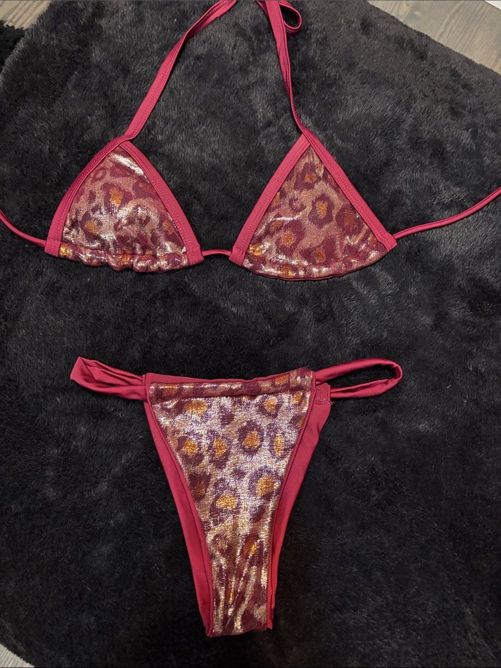 Burgundy Leopard Print Triangle Bikini Set - Women Swim